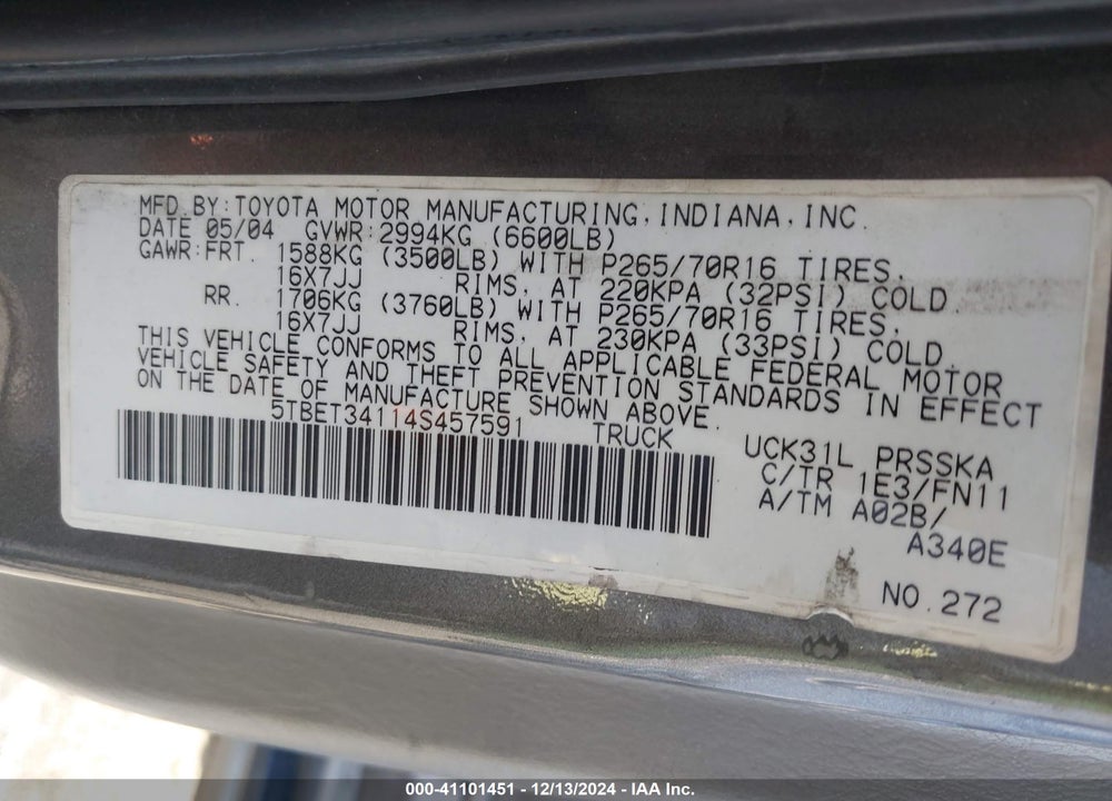 2004 TOYOTA TUNDRA SR5 V8 VIN: 5TBET34114S457591