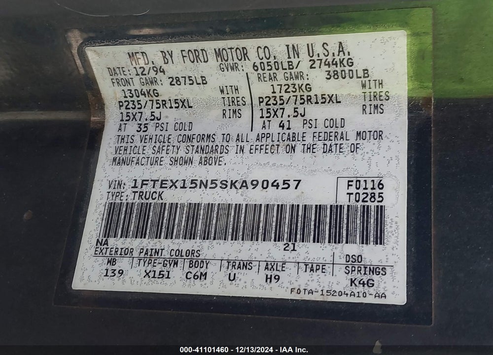 1995 FORD F150 VIN: 1FTEX15N5SKA90457