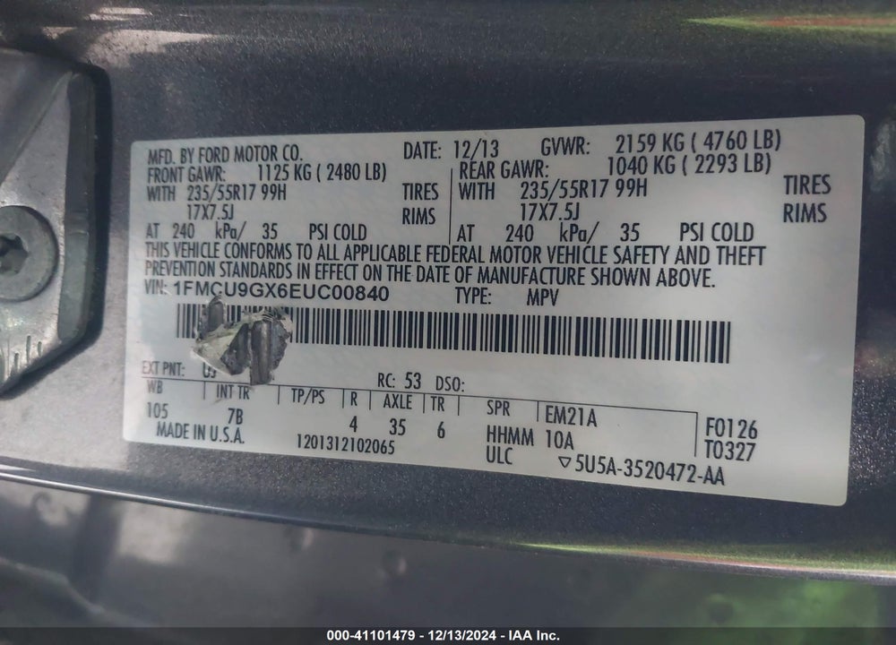 2014 FORD ESCAPE SE VIN: 1FMCU9GX6EUC00840