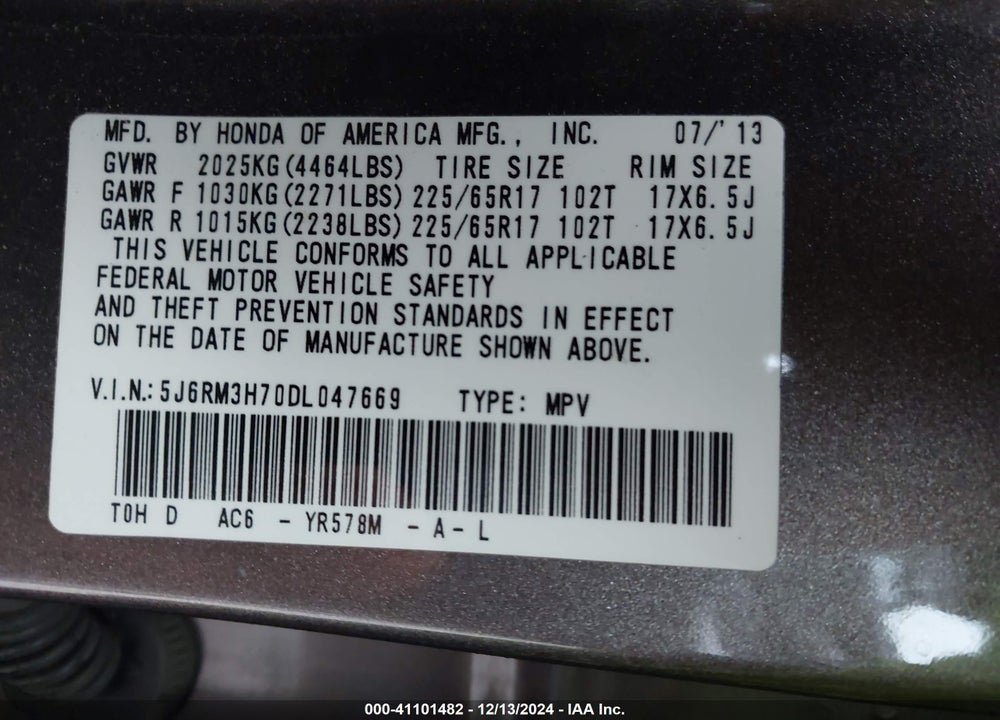 2013 HONDA CR-V EX-L VIN: 5J6RM3H70DL047669