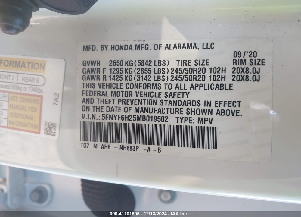 2021 HONDA PILOT AWD SPECIAL EDITION VIN: 5FNYF6H25MB019502