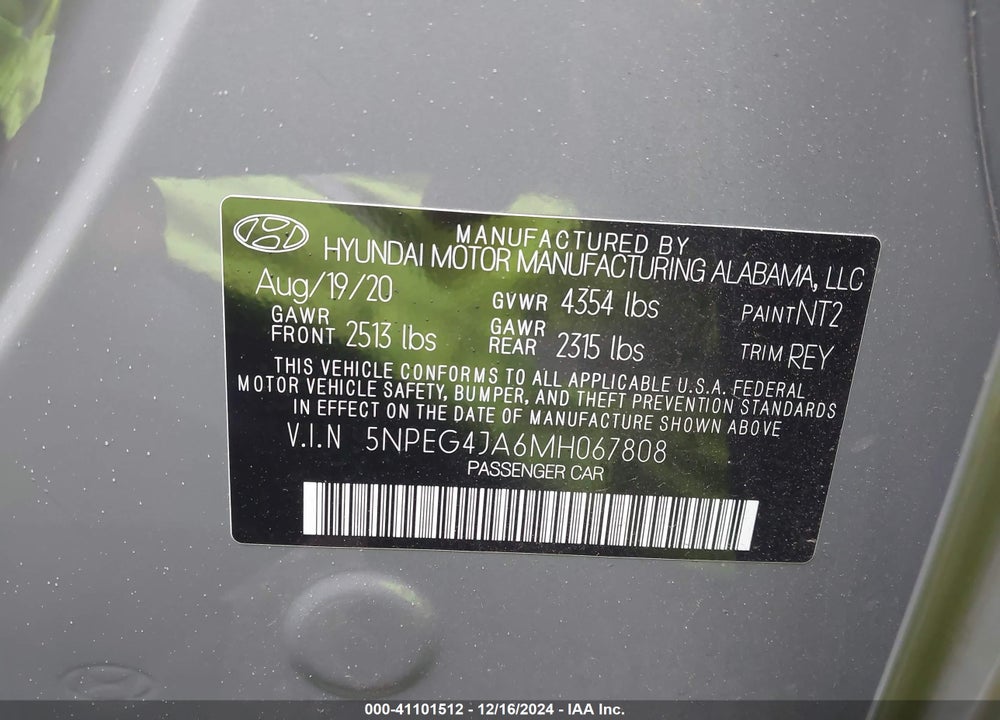 2021 HYUNDAI SONATA VIN: 5NPEG4JA6MH067808