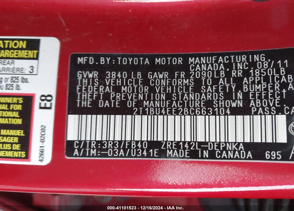 2011 TOYOTA COROLLA VIN: 2T1BU4EE2BC663104