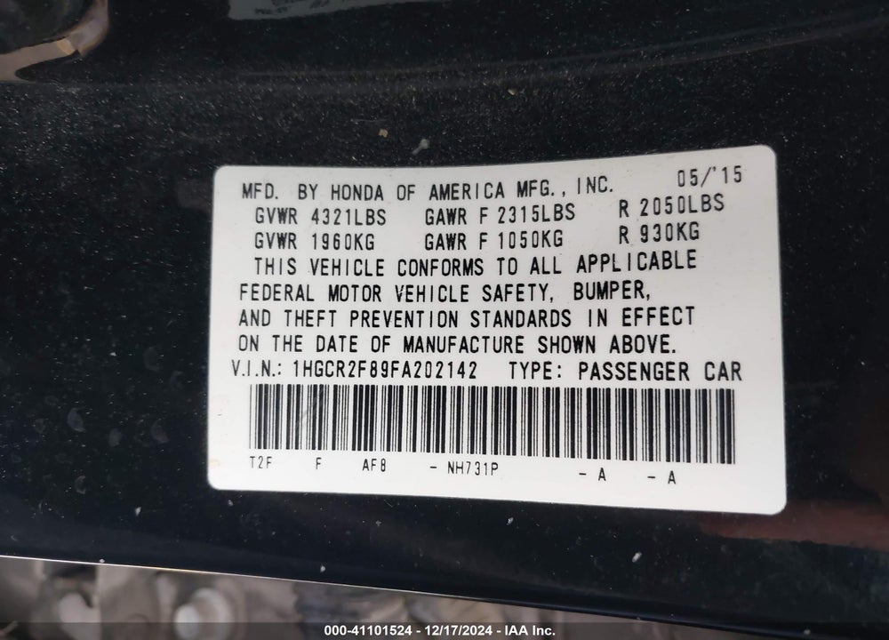 2015 HONDA ACCORD EX-L VIN: 1HGCR2F89FA202142