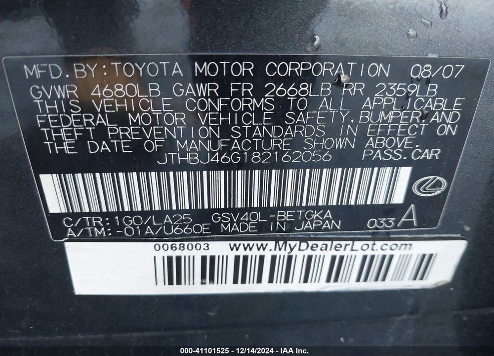 2008 LEXUS ES 350 VIN: JTHBJ46G182162056