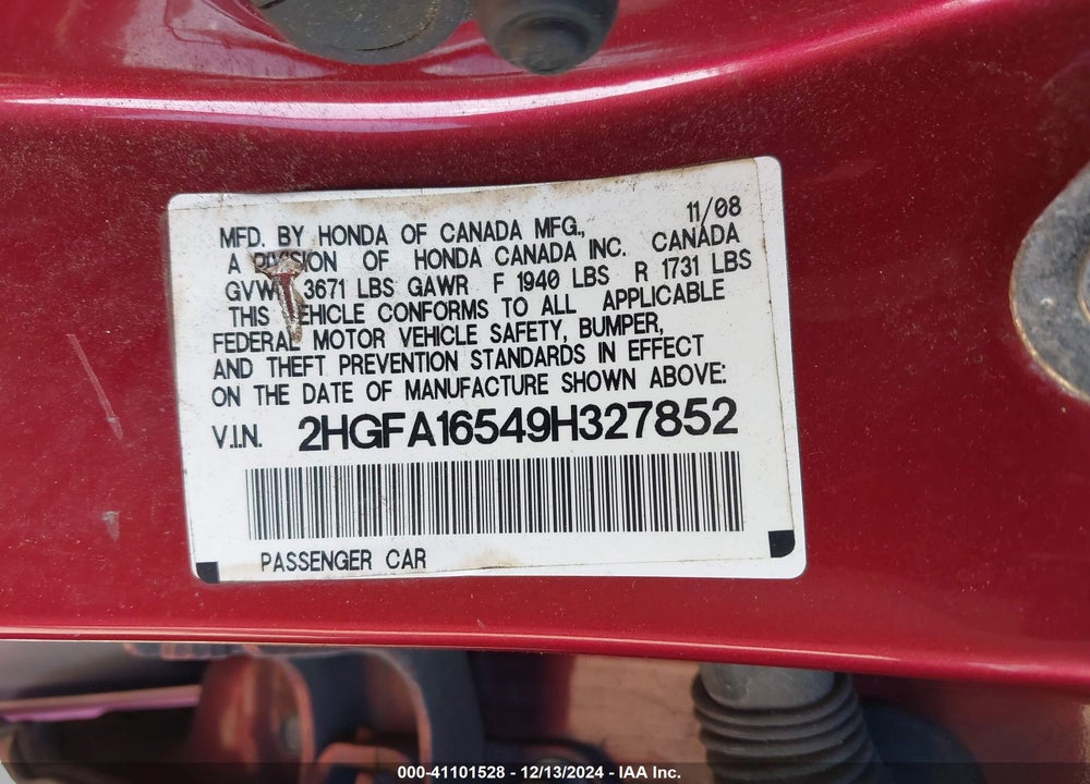 2009 HONDA CIVIC LX VIN: 2HGFA16549H327852