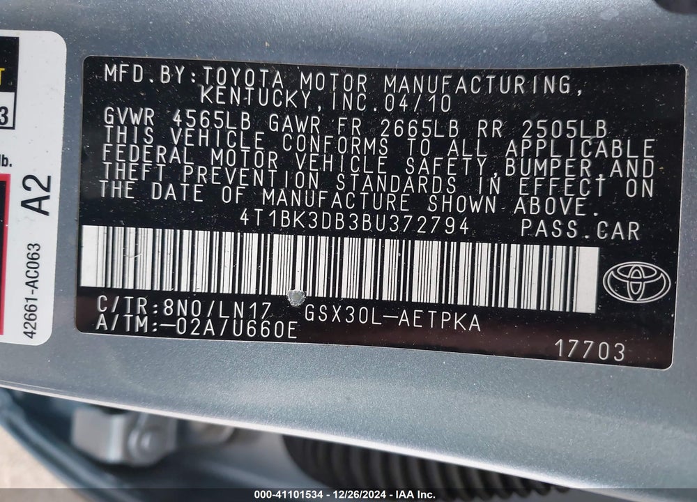 2011 TOYOTA AVALON LIMITED VIN: 4T1BK3DB3BU372794