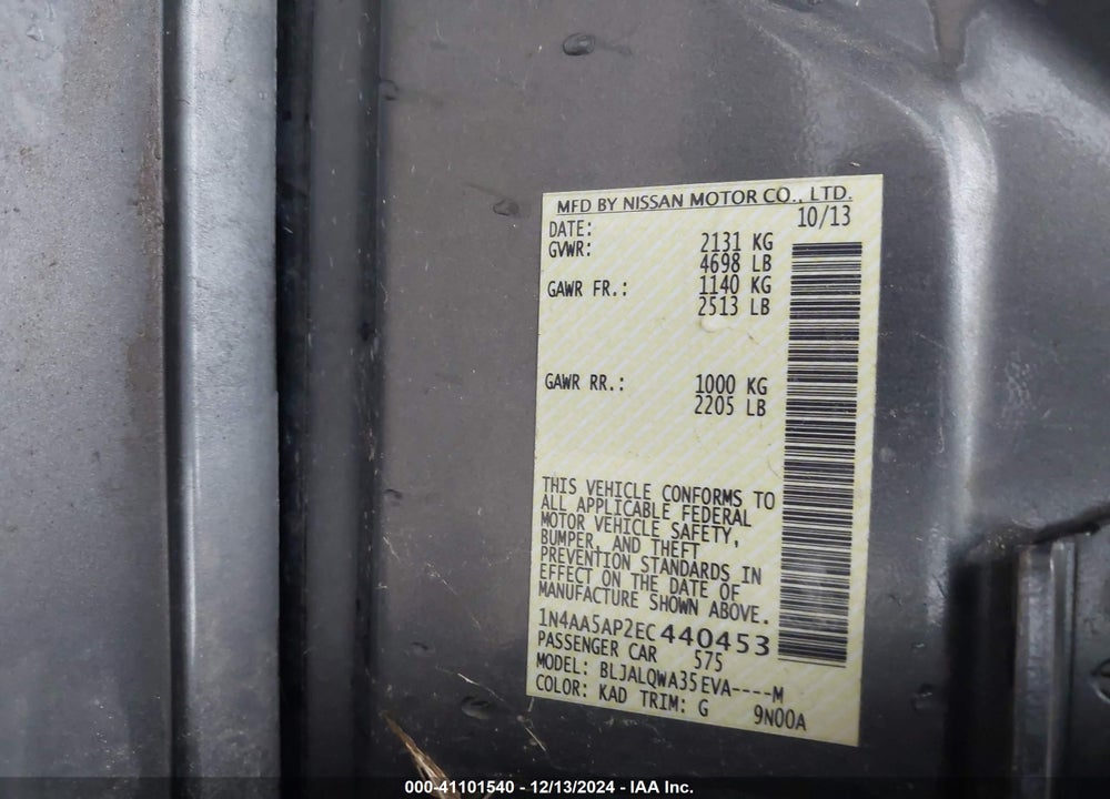 2014 NISSAN MAXIMA VIN: 1N4AA5AP2EC440453