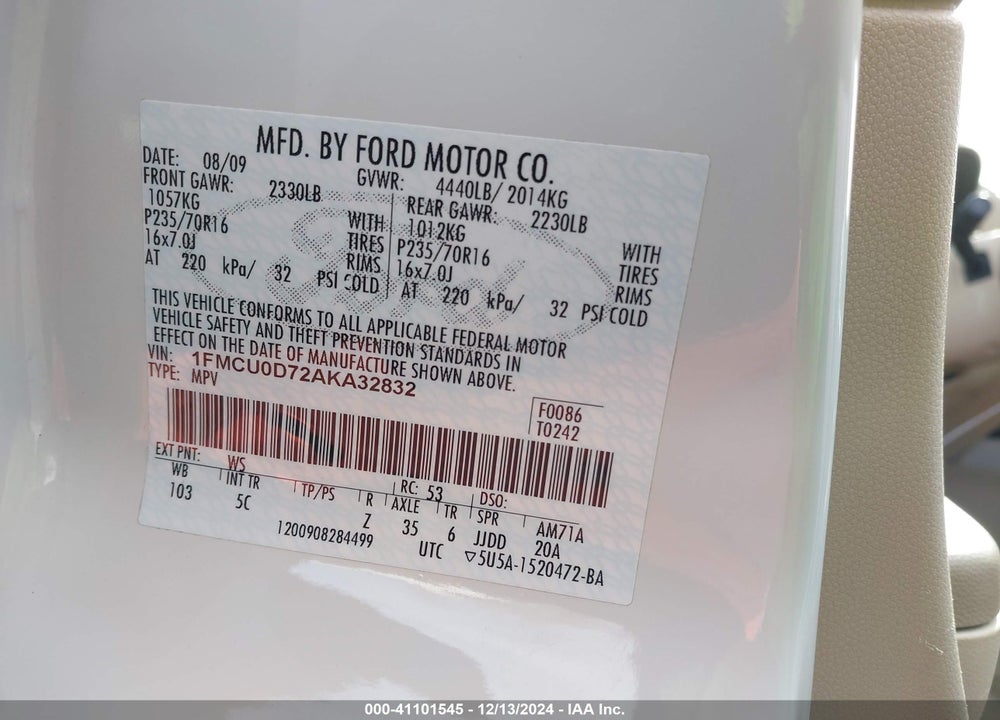 2010 FORD ESCAPE XLT VIN: 1FMCU0D72AKA32832