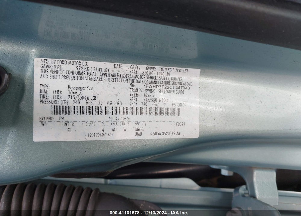 2012 FORD FOCUS SE VIN: 1FAHP3F22CL447043