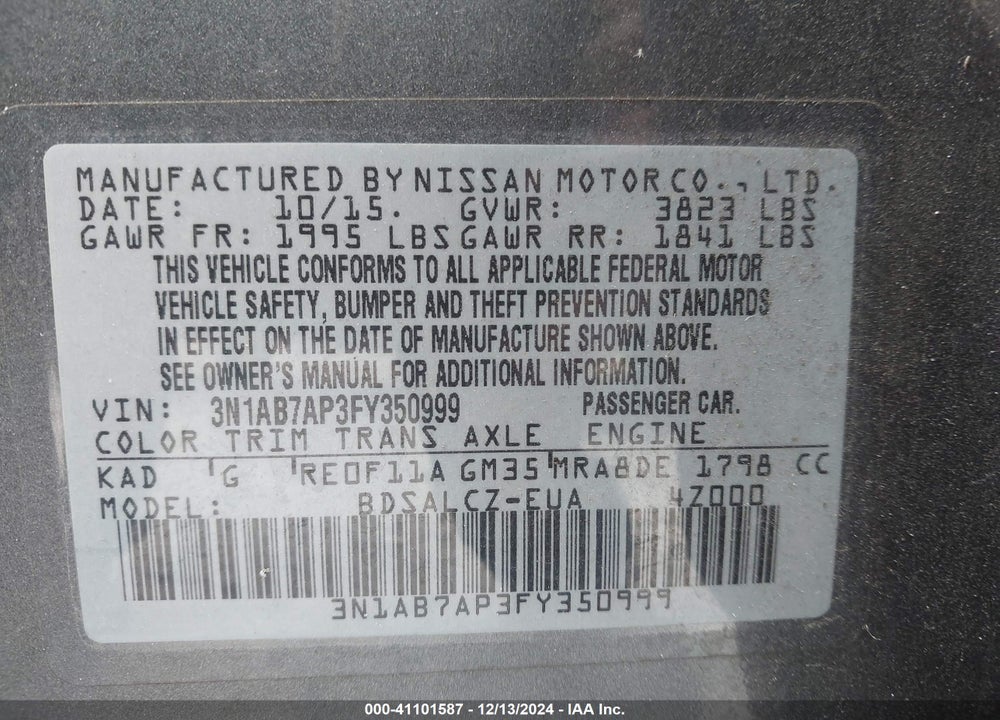 2015 NISSAN SENTRA S VIN: 3N1AB7AP3FY350999