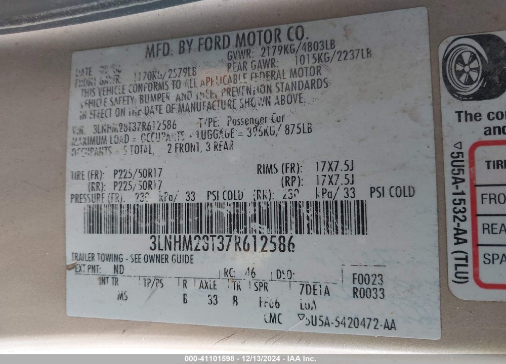 2007 LINCOLN MKZ VIN: 3LNHM28T37R612586
