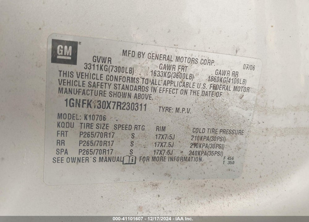 2007 CHEVROLET TAHOE LT VIN: 1GNFK130X7R230311
