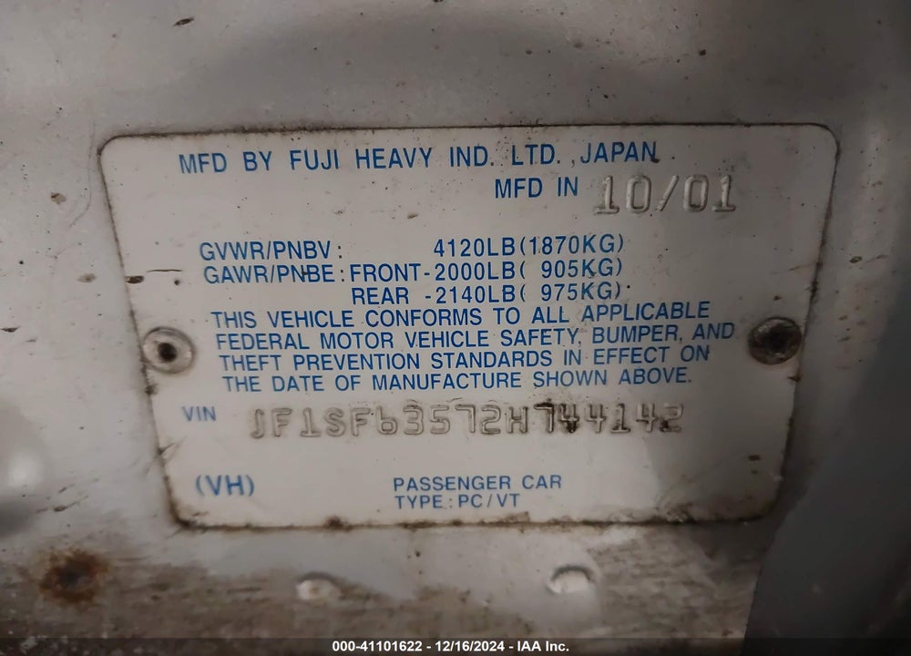 2002 SUBARU FORESTER L VIN: JF1SF63572H744142