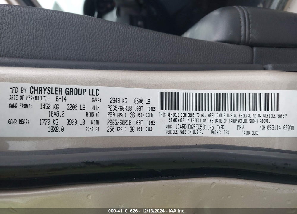 2014 DODGE DURANGO LIMITED VIN: 1C4RDJDG5EC531175