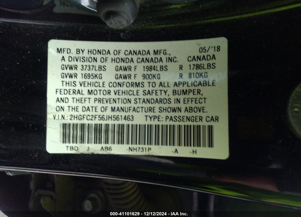 2018 HONDA CIVIC LX VIN: 2HGFC2F56JH561463