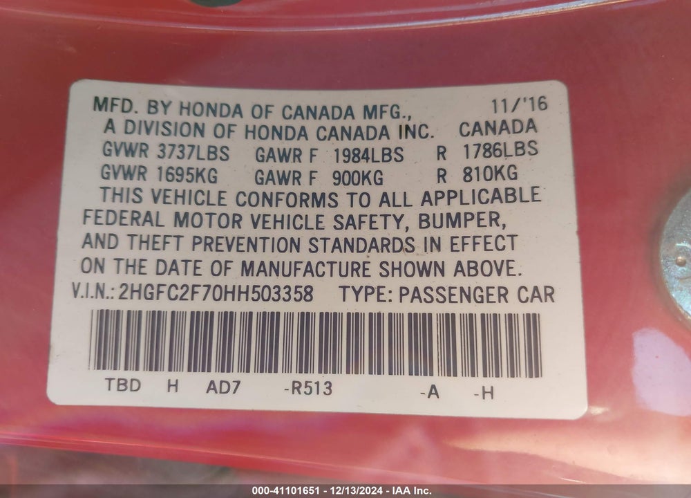 2017 HONDA CIVIC VIN: 2HGFC2F70HH503358