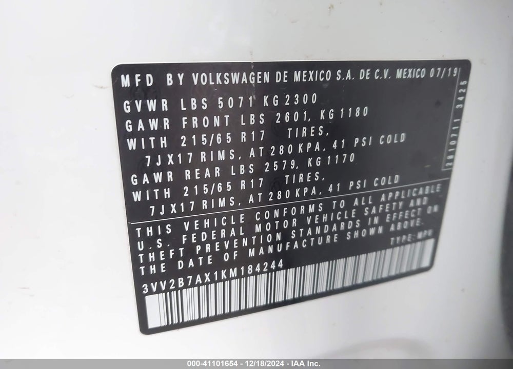 2019 VOLKSWAGEN TIGUAN 2.0T SE/2.0T SEL/2.0T SEL R-LINE/2.0T SEL R-LINE BLACK VIN: 3VV2B7AX1KM184244