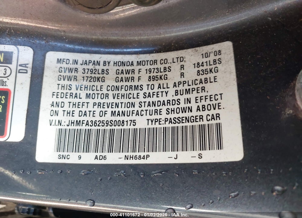 2009 HONDA CIVIC HYBRID VIN: JHMFA36259S008175