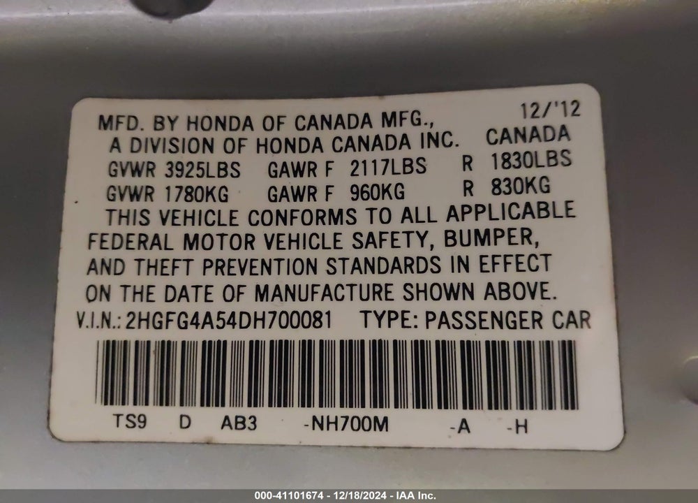 2013 HONDA CIVIC SI VIN: 2HGFG4A54DH700081