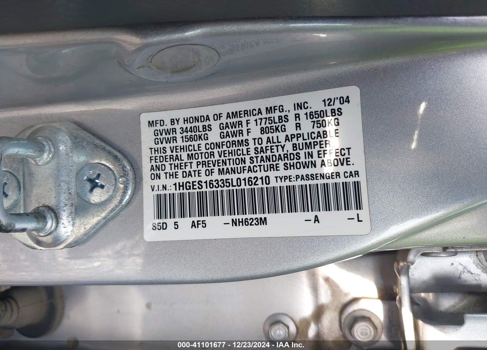 2005 HONDA CIVIC VP VIN: 1HGES16335L016210