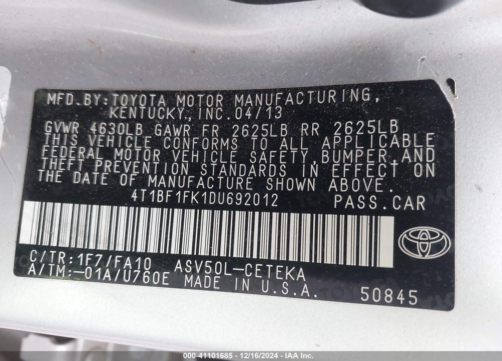 2013 TOYOTA CAMRY L VIN: 4T1BF1FK1DU692012