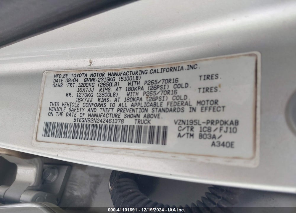 2004 TOYOTA TACOMA PRERUNNER V6 VIN: 5TEGN92N24Z461378