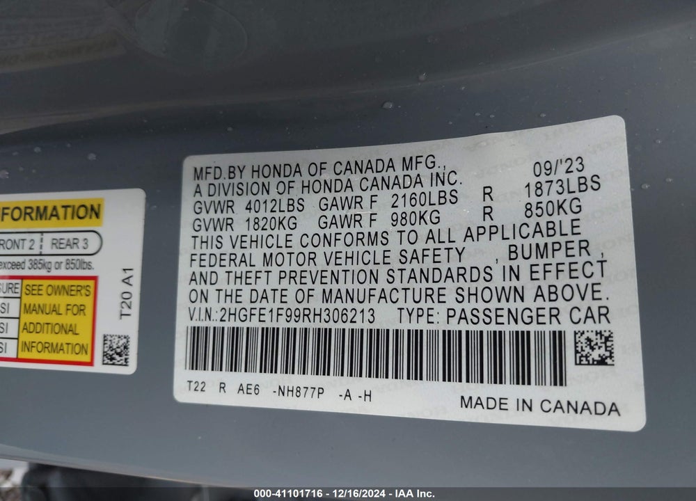 2024 HONDA CIVIC TOURING VIN: 2HGFE1F99RH306213