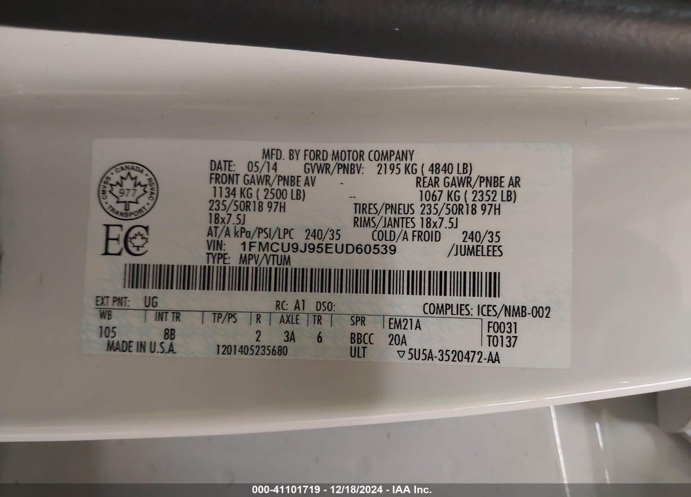 2014 FORD ESCAPE TITANIUM VIN: 1FMCU9J95EUD60539