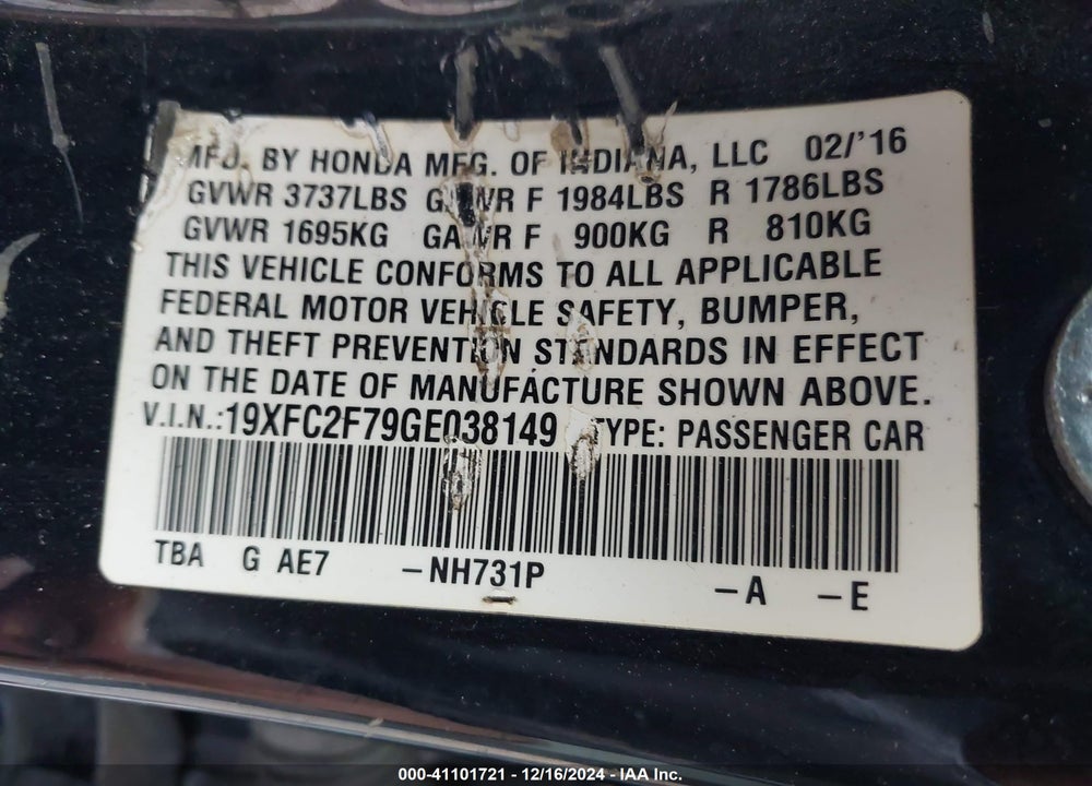 2016 HONDA CIVIC EX VIN: 19XFC2F79GE038149