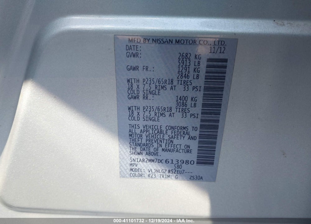 2013 NISSAN PATHFINDER S/SV/SL/PLATINUM VIN: 5N1AR2MM7DC613980