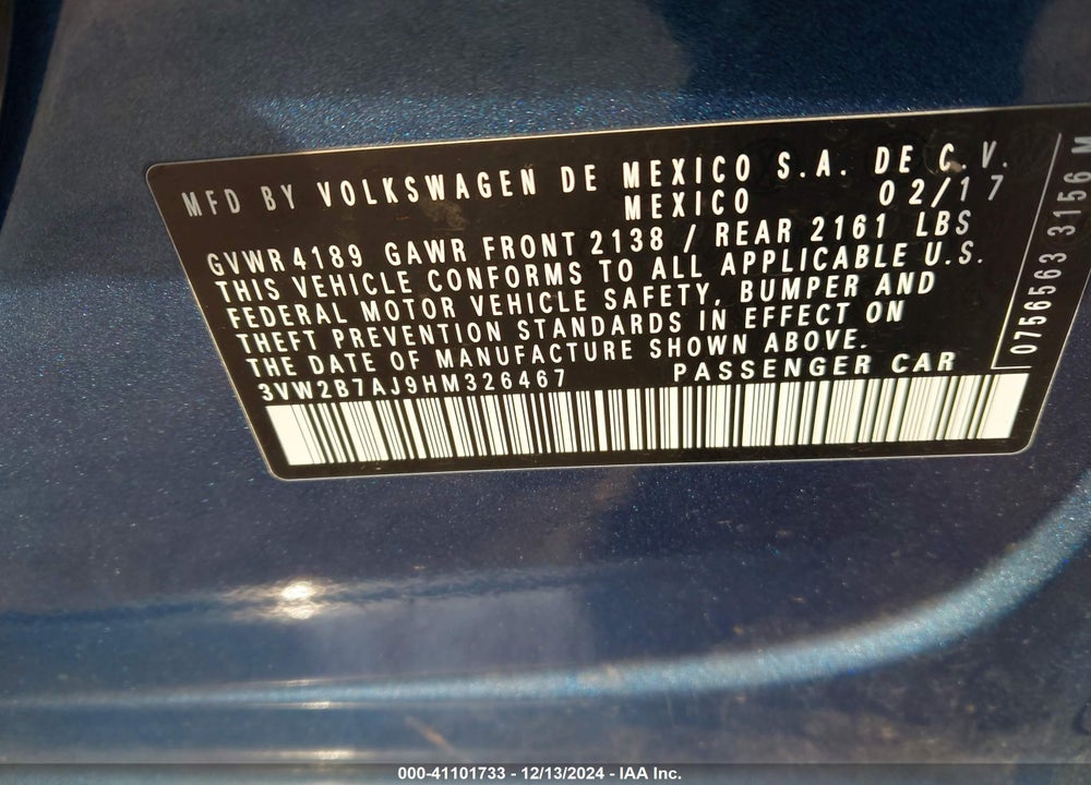 2017 VOLKSWAGEN JETTA VIN: 3VW2B7AJ9HM326467