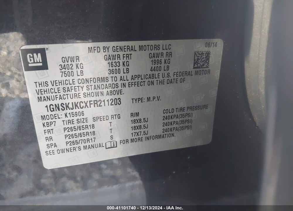 2015 CHEVROLET SUBURBAN 1500 LT VIN: 1GNSKJKCXFR211203