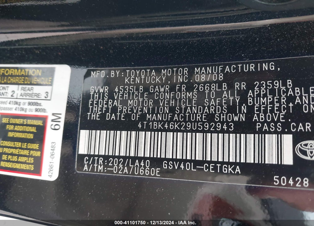 2009 TOYOTA CAMRY XLE V6 VIN: 4T1BK46K29U592943