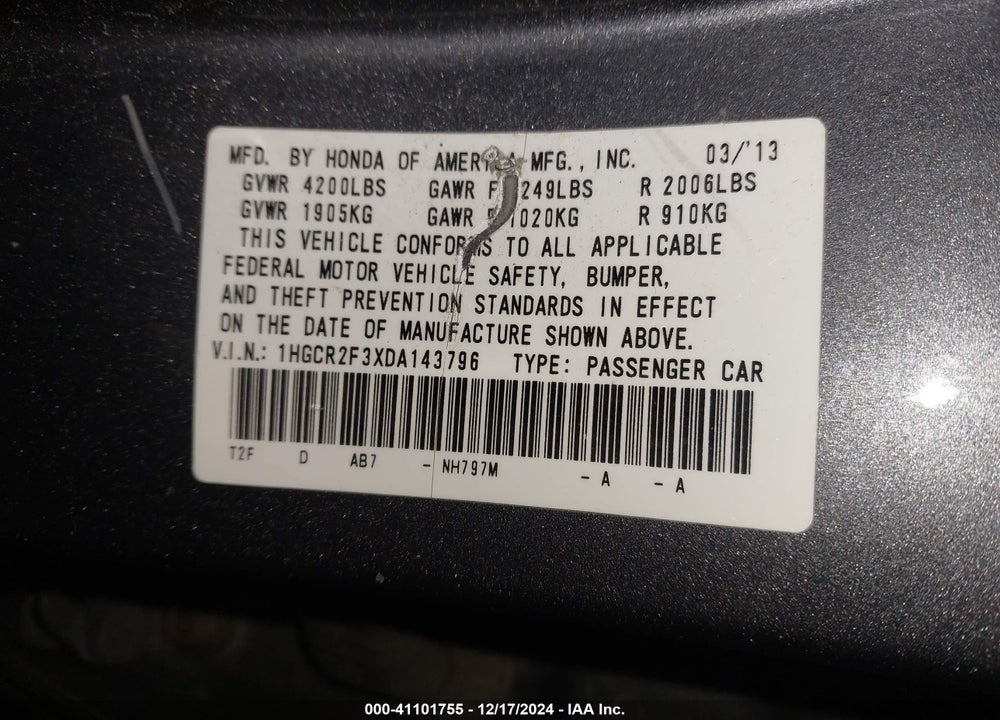 2013 HONDA ACCORD LX VIN: 1HGCR2F3XDA143796