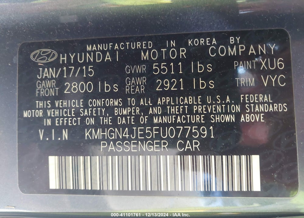 2015 HYUNDAI GENESIS 3.8 VIN: KMHGN4JE5FU077591