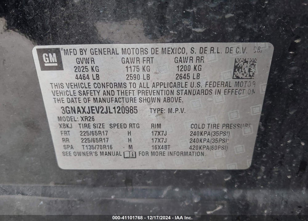 2018 CHEVROLET EQUINOX LT VIN: 3GNAXJEV2JL120985