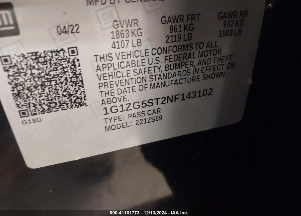 2022 CHEVROLET MALIBU FWD RS VIN: 1G1ZG5ST2NF143102