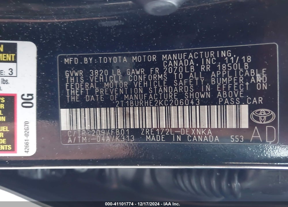 2019 TOYOTA COROLLA LE VIN: 2T1BURHE2KC206043