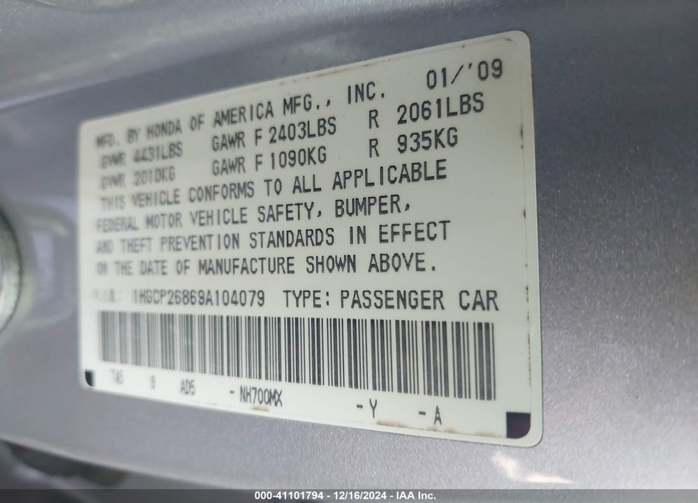 2009 HONDA ACCORD 2.4 EX-L VIN: 1HGCP26869A104079