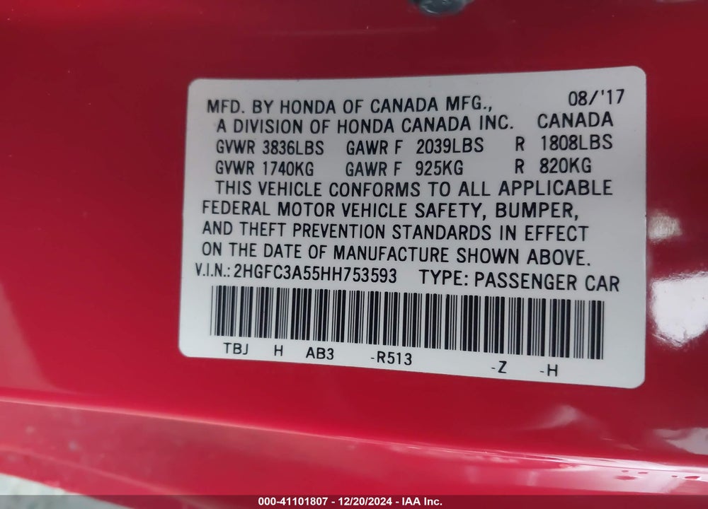 2017 HONDA CIVIC VIN: 2HGFC3A55HH753593