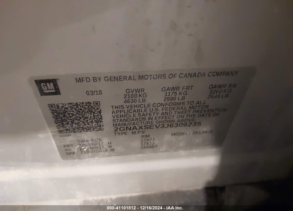 2018 CHEVROLET EQUINOX LT VIN: 2GNAXSEV3J6309235