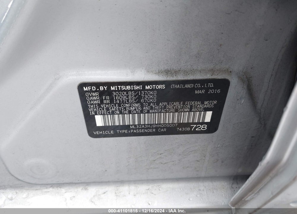 2017 MITSUBISHI MIRAGE ES VIN: ML32A3HJ9HH005007