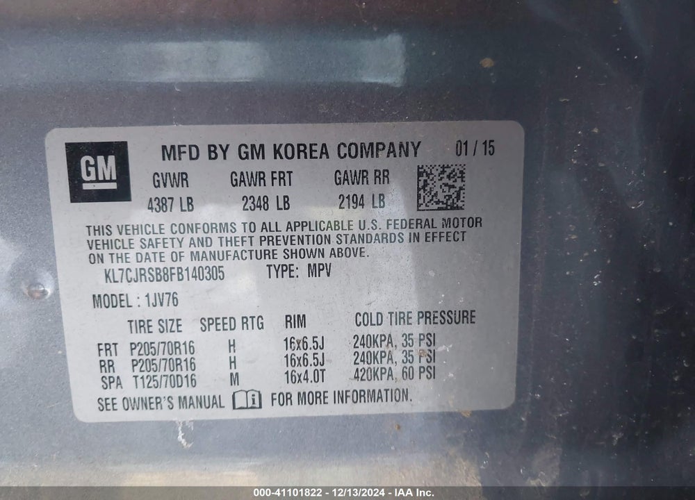 2015 CHEVROLET TRAX LT VIN: KL7CJRSB8FB140305