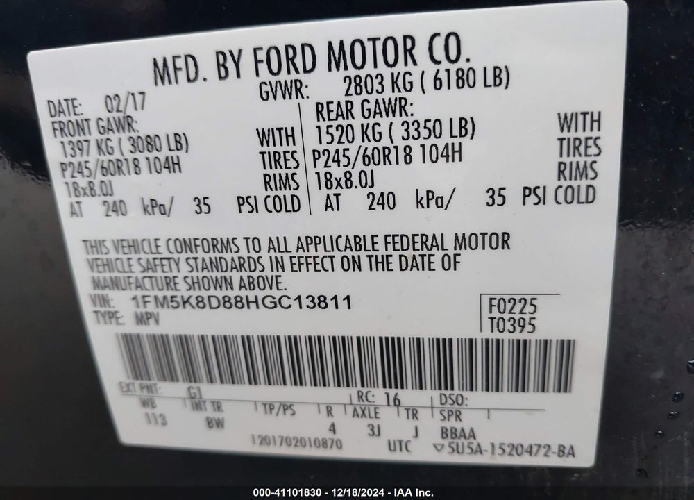 2017 FORD EXPLORER XLT VIN: 1FM5K8D88HGC13811
