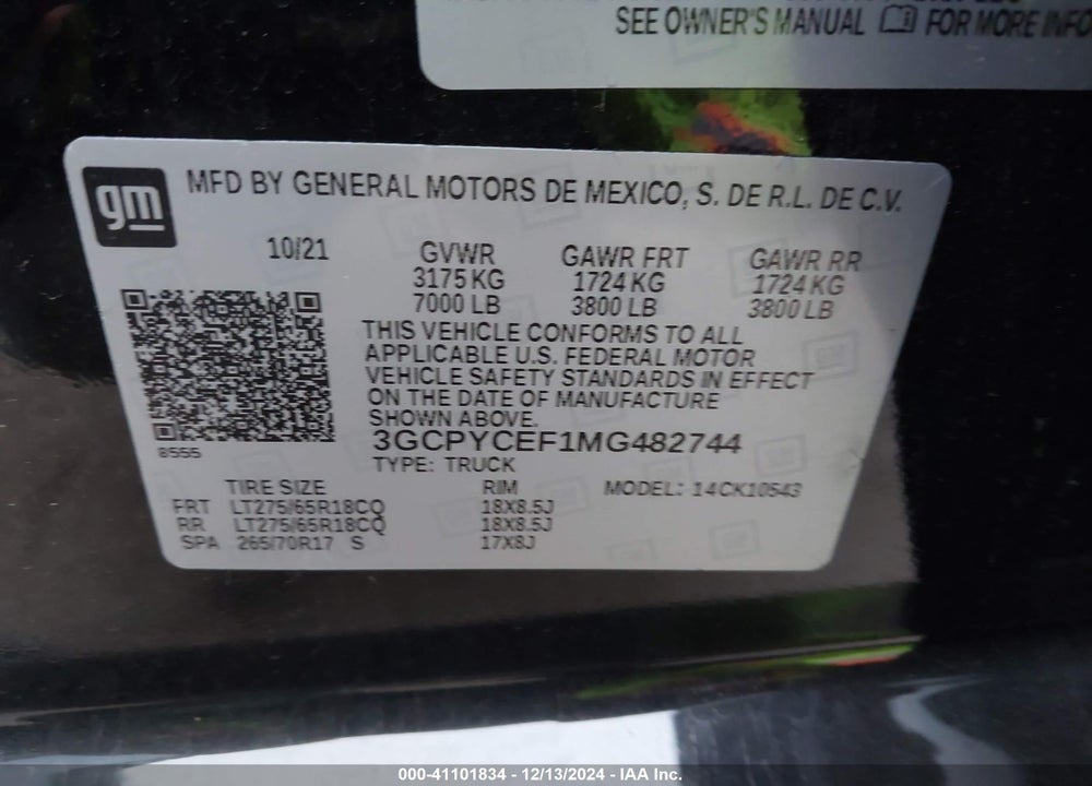 2021 CHEVROLET SILVERADO 1500 4WD SHORT BED CUSTOM TRAIL BOSS VIN: 3GCPYCEF1MG482744