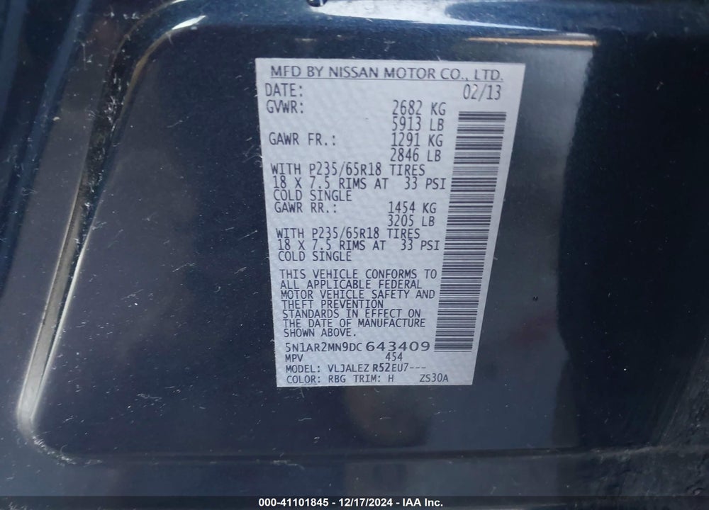 2013 NISSAN PATHFINDER SV VIN: 5N1AR2MN9DC643409