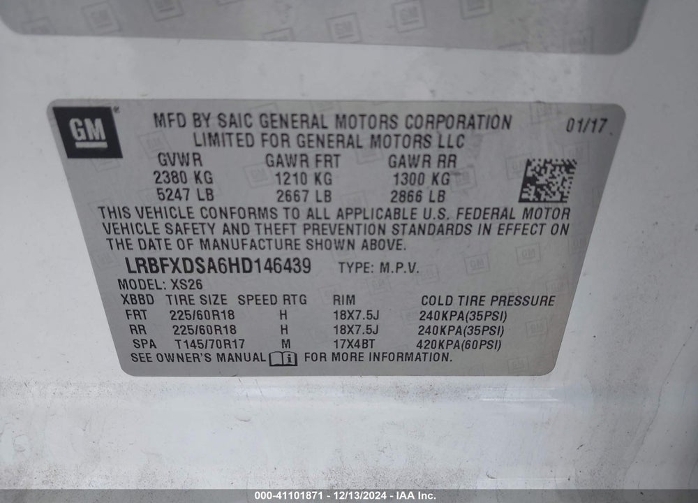 2017 BUICK ENVISION ESSENCE VIN: LRBFXDSA6HD146439