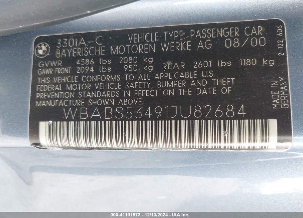 2001 BMW 330CI VIN: WBABS53491JU82684