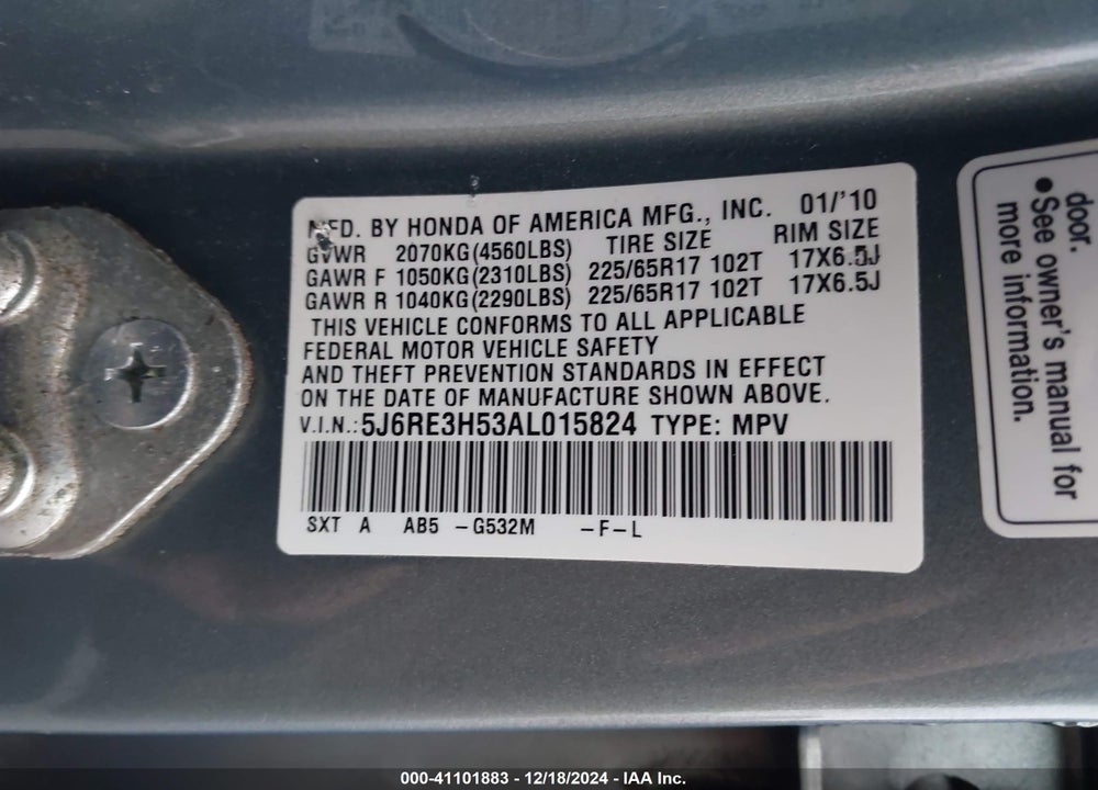 2010 HONDA CR-V EX VIN: 5J6RE3H53AL015824
